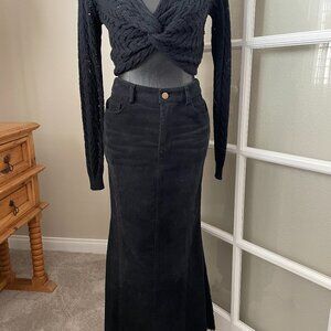 Papermoon Corduroy Fitted Long Black Skirt with Front & Back Pockets